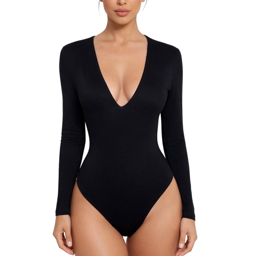 NWT Verdusa Black Long Sleeve Deep V-Neck Bodysuit - Size S